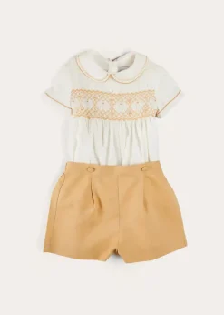 Two-piece Sets | Pepa London Hand Smocked Peter Pan Collar Short Sleeve Two Piece Set in Beige (18mths-6yrs)