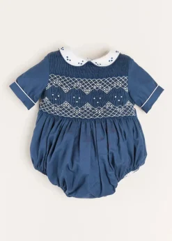 Rompers | Rompers | Pepa London Hand Smocked Peter Pan Collar Short Sleeve Romper in Royal Blue (6mths-2yrs)