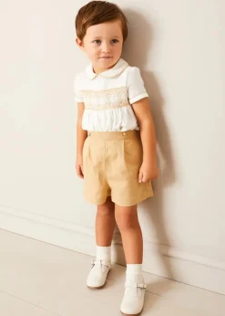 Two-piece Sets | Pepa London Hand Smocked Peter Pan Collar Short Sleeve Two Piece Set in Beige (18mths-6yrs)