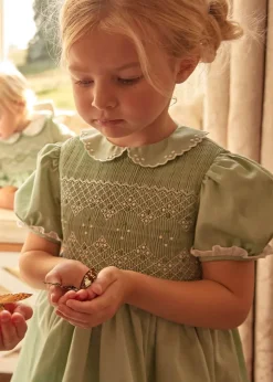 Dresses | Dresses | Pepa London Hand Smocked Peter Pan Collar Short Sleeve Dress in Green (12mths-10yrs)
