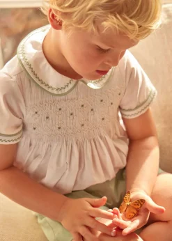 Two-piece Sets | Pepa London Hand Smocked Peter Pan Collar Short Sleeve Two Piece Set in Green (18mths-6yrs)