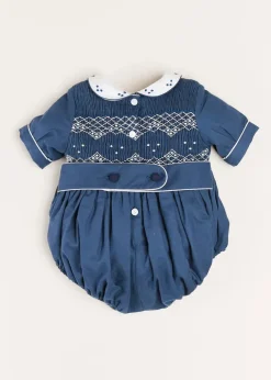 Rompers | Rompers | Pepa London Hand Smocked Peter Pan Collar Short Sleeve Romper in Royal Blue (6mths-2yrs)