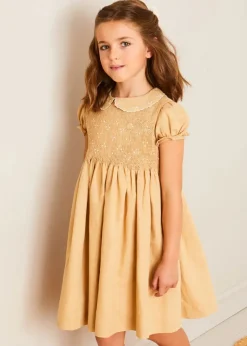 Dresses | Dresses | Pepa London Hand Smocked Peter Pan Collar Short Sleeve Dress in Beige (12mths-10yrs)