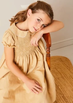 Dresses | Dresses | Pepa London Hand Smocked Peter Pan Collar Short Sleeve Dress in Beige (12mths-10yrs)