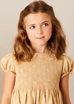 Dresses | Dresses | Pepa London Hand Smocked Peter Pan Collar Short Sleeve Dress in Beige (12mths-10yrs)