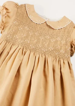 Dresses | Dresses | Pepa London Hand Smocked Peter Pan Collar Short Sleeve Dress in Beige (12mths-10yrs)