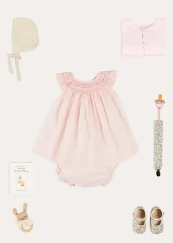 Lookbooks | Pepa London Hand Smocked Sleeveless Dress With Bloomers in Pink (1-12mths) | Openwork Detail Baby Cardigan in Pink (1-12mths) | Openwork Knitted Bonnet in Beige(S-L) | Cordelia Liberty Floral Mary Jane Pram Shoes in Pink (17-20EU) | Cordelia Liberty Floral Dummy Clip in Pink | Knitted Bunny Teether in Beige | BIBS Dummy in Pink