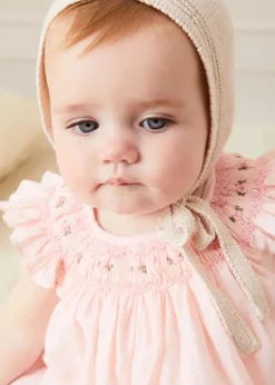 Lookbooks | Pepa London Hand Smocked Sleeveless Dress With Bloomers in Pink (1-12mths) | Openwork Detail Baby Cardigan in Pink (1-12mths) | Openwork Knitted Bonnet in Beige(S-L) | Cordelia Liberty Floral Mary Jane Pram Shoes in Pink (17-20EU) | Cordelia Liberty Floral Dummy Clip in Pink | Knitted Bunny Teether in Beige | BIBS Dummy in Pink