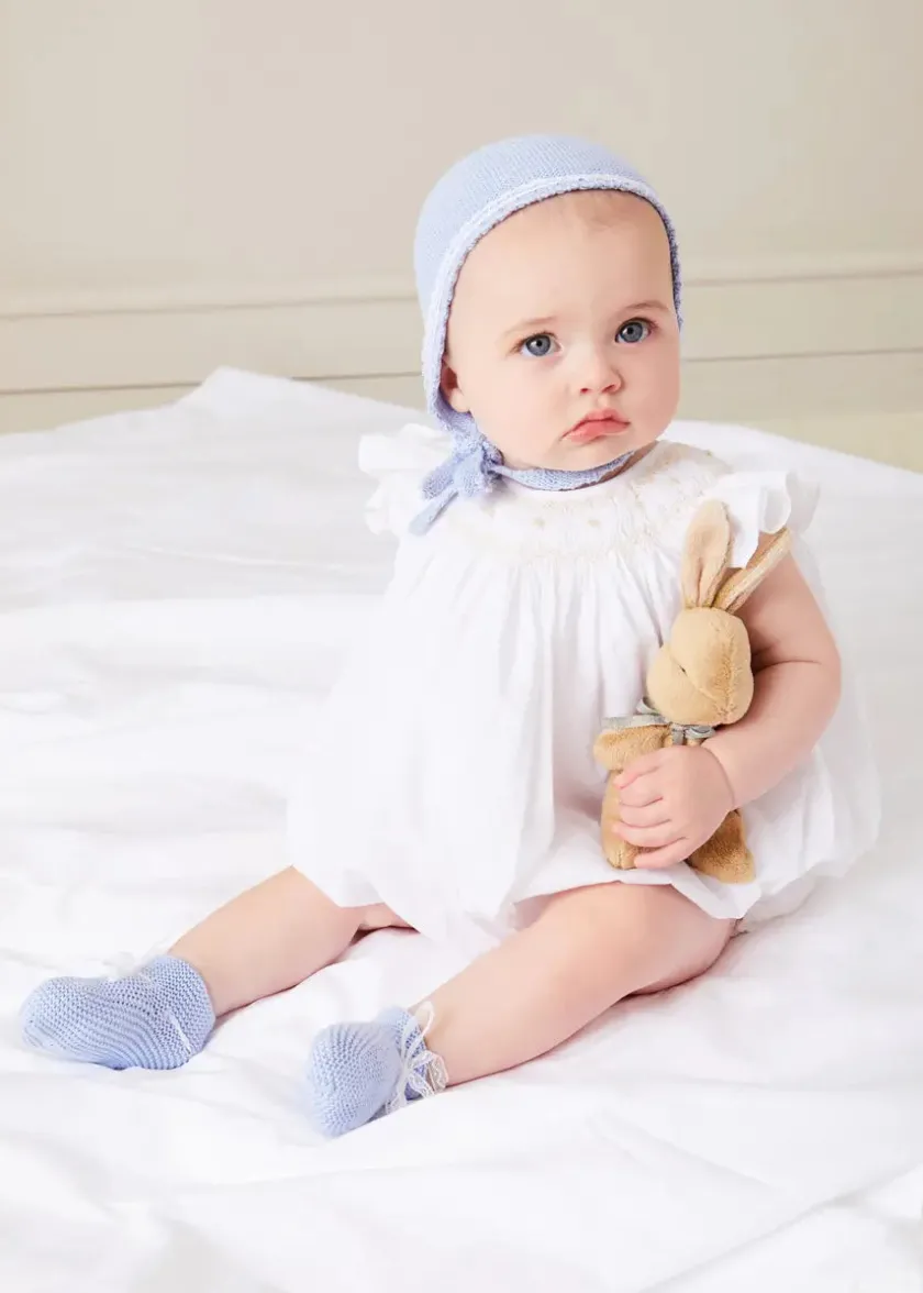 Lookbooks | Pepa London Hand Smocked Sleeveless Romper in White (3-18mths) | Openwork Detail Baby Cardigan in Blue (1-12mths) | Lace Detail Knitted Bonnet in Blue (1-6mths) | Ellis Rounded Bib with Embroidery in Blue Made with Liberty Fabric | Lace Detail Knitted Booties in Blue | Ellis Dummy Clip in Blue Made with Liberty Fabric | My First Bunny in a Box - Blue