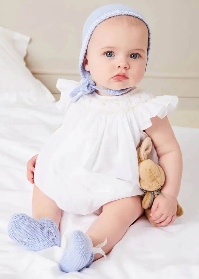 Lookbooks | Pepa London Hand Smocked Sleeveless Romper in White (3-18mths) | Openwork Detail Baby Cardigan in Blue (1-12mths) | Lace Detail Knitted Bonnet in Blue (1-6mths) | Ellis Rounded Bib with Embroidery in Blue Made with Liberty Fabric | Lace Detail Knitted Booties in Blue | Ellis Dummy Clip in Blue Made with Liberty Fabric | My First Bunny in a Box - Blue
