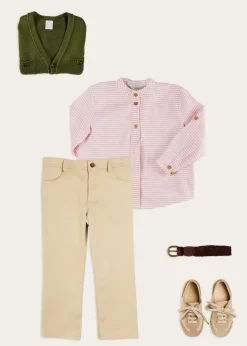 Lookbooks | Pepa London Hertford Striped Mao Collar Long Sleeve Shirt in Coral (12mths-10yrs) | Plain Five Pocket Chino Trousers in Camel (4-10yrs) | Safari Button Detail Cardigan in Green (4-10yrs) | Lace Up Plimsolls in Taupe (24-35EU) | Brown Striped Belt