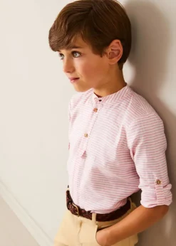 Tops & Shirts | Shirts | Pepa London Hertford Striped Mao Collar Long Sleeve Shirt in Coral (12mths-10yrs)