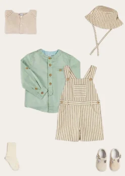 Lookbooks | Pepa London Holland Striped Pocket Front Dungarees in Green (18mths-4yrs) | Plain Mao Collar Long Sleeve Shirt in Green (12mths-10yrs) | Plain Cardigan in Cream (6mths-10yrs) | T-Bar Suede Baby Shoes in Beige (20-24EU) | Holland Striped Sun Hat in Green (XS-M) | Ribbed Short Socks in Beige (0mths-10yrs)