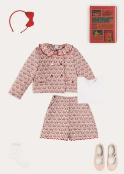 Lookbooks | Pepa London Iris Jacquard Statement Collar Jacket in Red (4-12yrs) | Iris Jacquard Button Detail Shorts in Red (4-12yrs) | Piculina Trim Top in White (2-10yrs) | Leather Mary Jane Shoes in Pink (24-34EU) | Plain Linen Hairband in Red | Celebration Short Socks with Ruffle- Cream (0mths-10yrs) | The Beauty & The Beast Book