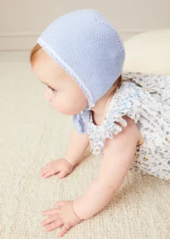 Bonnets & Booties | Bonnets & Booties | Pepa London Lace Detail Knitted Bonnet in Blue (1-6mths)