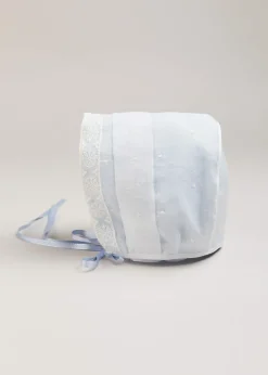 Bonnets & Booties | Bonnets & Booties | Pepa London Lace Trim Embroidered Bonnet in Pale Blue (3mths-2yrs)