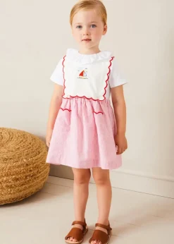Lookbooks | Pepa London Lawrence Striped Boat Embroidered Scallop Detail Pinafore Skirt in Red (18mths-4yrs) | Cherry Motif Crochet Cardigan in Beige (2-10yrs) | Piculina Trim Top in White (2-10yrs) | Open Toe Leather Sandals in Brown (17-30EU)