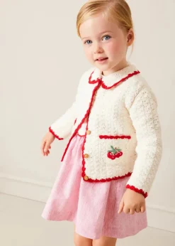 Lookbooks | Pepa London Lawrence Striped Boat Embroidered Scallop Detail Pinafore Skirt in Red (18mths-4yrs) | Cherry Motif Crochet Cardigan in Beige (2-10yrs) | Piculina Trim Top in White (2-10yrs) | Open Toe Leather Sandals in Brown (17-30EU)