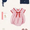 Lookbooks | Pepa London Lawrence Striped Mariner Collar Short Sleeve Romper in Red (6mths-3yrs) | Openwork Knitted Bonnet in Navy (S-L) | Plain Cardigan in Navy (6mths-10yrs) | Leather Mary Jane Pram Shoes in Red (17-20EU) | Openwork short socks White (0mths-8yrs)