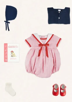 Lookbooks | Pepa London Lawrence Striped Mariner Collar Short Sleeve Romper in Red (6mths-3yrs) | Openwork Knitted Bonnet in Navy (S-L) | Plain Cardigan in Navy (6mths-10yrs) | Leather Mary Jane Pram Shoes in Red (17-20EU) | Openwork short socks White (0mths-8yrs)