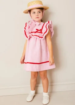 Lookbooks | Pepa London Lawrence Striped Ruffle Bib Sleeveless Dress in Red (12mths-8yrs) | Plain Cardigan in Cream (6mths-10yrs) | Mary Jane Leather Baby Shoes in Ivory (20-24EU) | Openwork short socks White (0mths-8yrs)