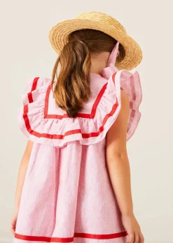 Lookbooks | Pepa London Lawrence Striped Ruffle Bib Sleeveless Dress in Red (12mths-8yrs) | Plain Cardigan in Cream (6mths-10yrs) | Mary Jane Leather Baby Shoes in Ivory (20-24EU) | Openwork short socks White (0mths-8yrs)