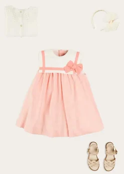 Lookbooks | Pepa London Linen Blend Trapeze Dress in Peach Orange (12mths-10yrs) | Openwork Cotton Cardigan in Cream (6mths-10yrs) | Girls Ivory Leather Mary Jane Shoes (20-34EU) | Traditional Big Bow Tulle Hairband in Ivory