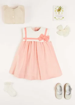 Lookbooks | Pepa London Linen Blend Trapeze Dress in Peach Orange (12mths-10yrs) | Plain Cardigan in Cream (6mths-10yrs) | Big Bow Tulle Clip in Ivory | Openwork short socks White (0mths-8yrs) | Mary Jane Leather Baby Shoes in Ivory (20-24EU) | Flower Fairies of the Spring Book in White