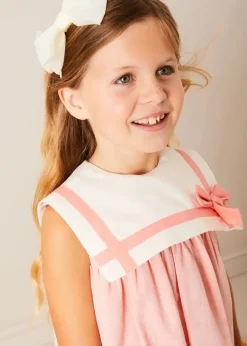 Lookbooks | Pepa London Linen Blend Trapeze Dress in Peach Orange (12mths-10yrs) | Openwork Cotton Cardigan in Cream (6mths-10yrs) | Girls Ivory Leather Mary Jane Shoes (20-34EU) | Traditional Big Bow Tulle Hairband in Ivory