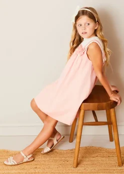 Lookbooks | Pepa London Linen Blend Trapeze Dress in Peach Orange (12mths-10yrs) | Openwork Cotton Cardigan in Cream (6mths-10yrs) | Girls Ivory Leather Mary Jane Shoes (20-34EU) | Traditional Big Bow Tulle Hairband in Ivory