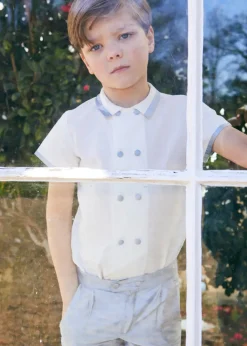Tops & Shirts | Tops & Shirts | Pepa London Linen Boys Celebration Shirt White with Blue Silk piping (3-10yrs)