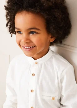 Tops & Shirts | Shirts | Pepa London Linen Mao Collar Long Sleeve Shirt in White (12mths-10yrs)