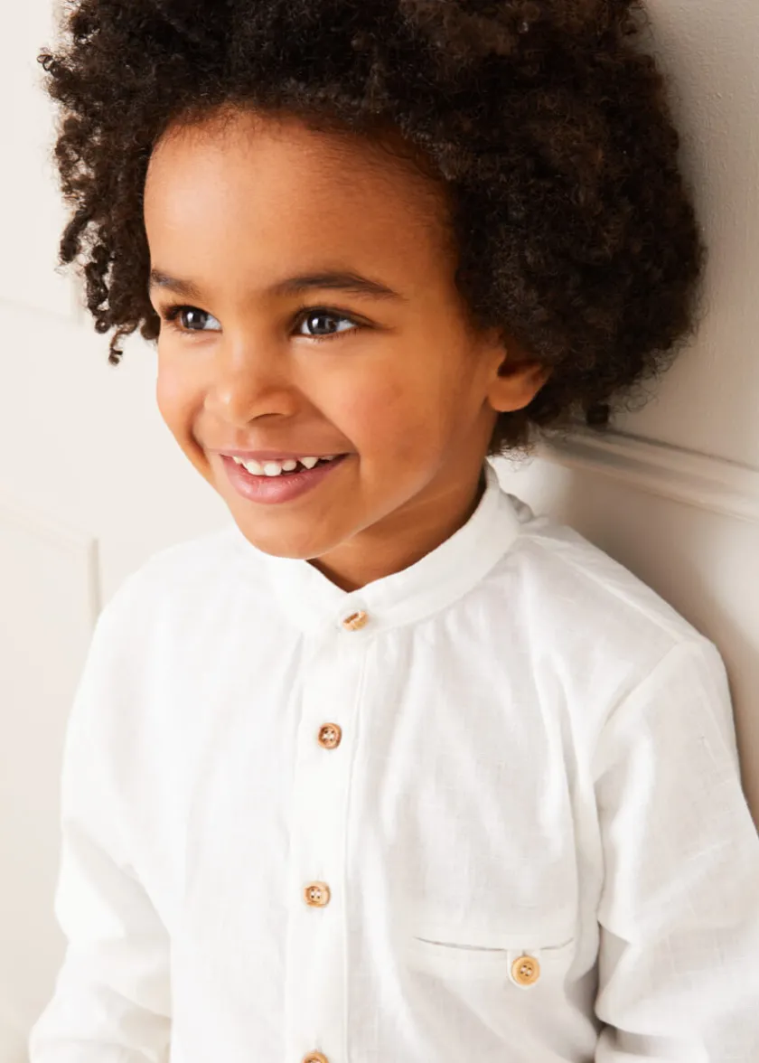 Tops & Shirts | Shirts | Pepa London Linen Mao Collar Long Sleeve Shirt in White (12mths-10yrs)