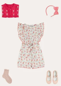 Lookbooks | Pepa London Louisa Floral Ruffle Detail Playsuit in Pink (4-12yrs) | Leather Mary Jane Shoes in Pink (24-34EU) | Openwork short socks - Dusty Pink (0mths-10yrs) | Raspberry Linen Hairband