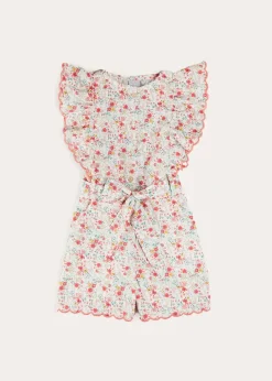 Up To 12 Years | Pepa London Louisa Floral Ruffle Detail Playsuit in Pink (4-12yrs)