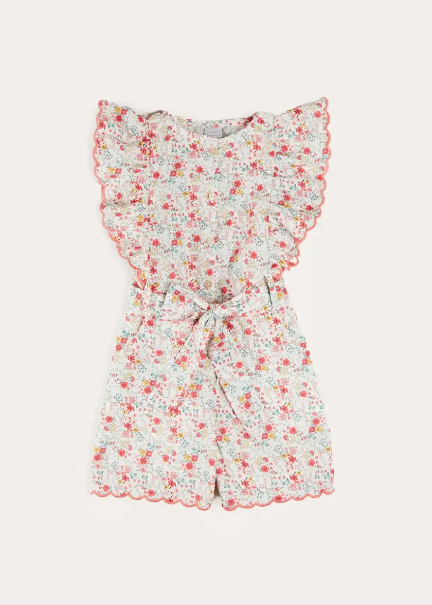 Up To 12 Years | Pepa London Louisa Floral Ruffle Detail Playsuit in Pink (4-12yrs)