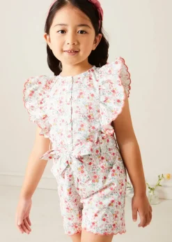 Up To 12 Years | Pepa London Louisa Floral Ruffle Detail Playsuit in Pink (4-12yrs)