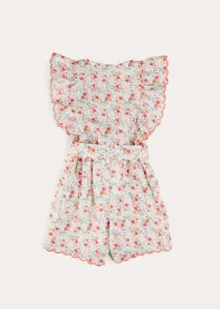 Up To 12 Years | Pepa London Louisa Floral Ruffle Detail Playsuit in Pink (4-12yrs)