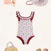 Lookbooks | Pepa London Louisa Floral Ruffle Trim Swimsuit in Pink (2-10yrs) | Louisa Floral Beach Hat in Pink (S-M) | Louisa Floral Detail Raffia Bag in Coral | Leather Buckle Detail Sandals in Camel (24-34EU)