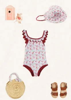 Lookbooks | Pepa London Louisa Floral Ruffle Trim Swimsuit in Pink (2-10yrs) | Louisa Floral Beach Hat in Pink (S-M) | Louisa Floral Detail Raffia Bag in Coral | Leather Buckle Detail Sandals in Camel (24-34EU)