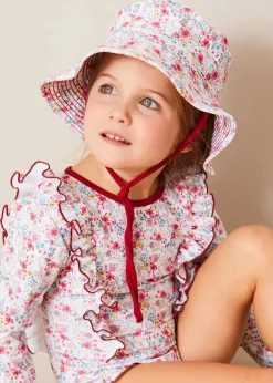 Lookbooks | Pepa London Louisa Floral Ruffle Trim Long Sleeve Swimsuit in Pink (2-10yrs) | Louisa Floral Beach Hat in Pink (S-M) | Open Toe Leather Sandals in Brown (17-30EU) | Louisa Floral Detail Raffia Bag in Coral