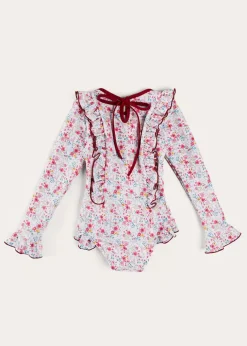 Swimwear | Swimwear | Pepa London Louisa Floral Ruffle Trim Long Sleeve Swimsuit in Pink (2-10yrs)