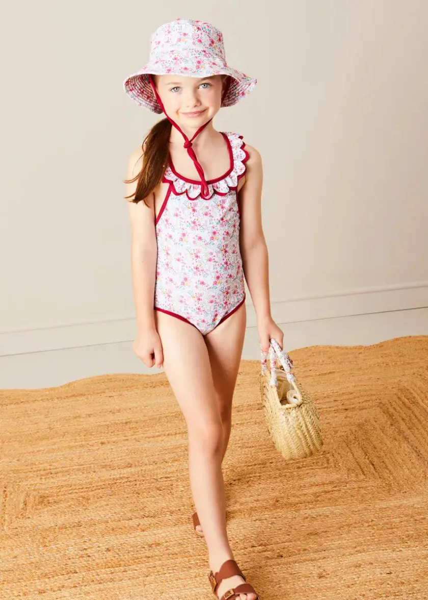 Swimwear | Swimwear | Pepa London Louisa Floral Ruffle Trim Swimsuit in Pink (2-10yrs)