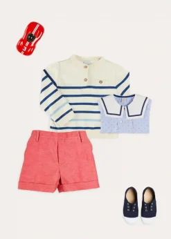 Lookbooks | Pepa London Lyall Stripe Anchor Motif Mariner Collar Short Sleeve Shirt in Blue (12mths-6yrs) | Striped Crewneck Button Detail Jumper in Blue (12mths-10yrs) | Plain Linen Toddler Shorts in Red (12mths-4yrs) | Canvas Plimsolls in Navy (20-35EU)