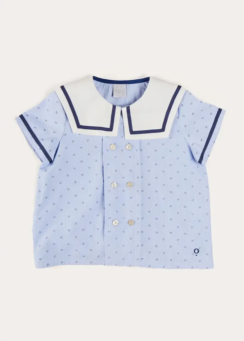 Tops & Shirts | Shirts | Pepa London Lyall Stripe Anchor Motif Mariner Collar Short Sleeve Shirt in Blue (12mths-6yrs)