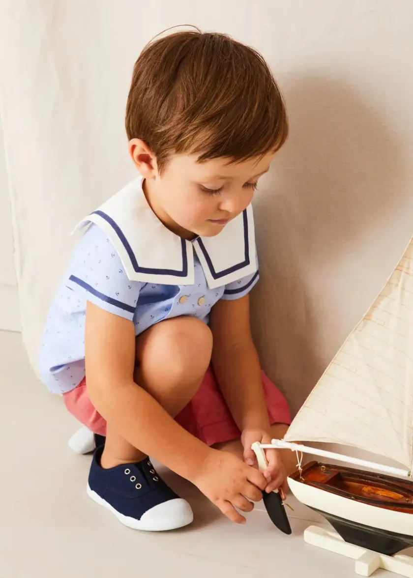Tops & Shirts | Shirts | Pepa London Lyall Stripe Anchor Motif Mariner Collar Short Sleeve Shirt in Blue (12mths-6yrs)