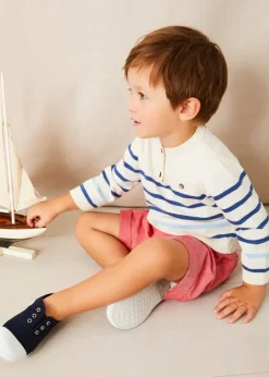 Lookbooks | Pepa London Lyall Stripe Anchor Motif Mariner Collar Short Sleeve Shirt in Blue (12mths-6yrs) | Striped Crewneck Button Detail Jumper in Blue (12mths-10yrs) | Plain Linen Toddler Shorts in Red (12mths-4yrs) | Canvas Plimsolls in Navy (20-35EU)