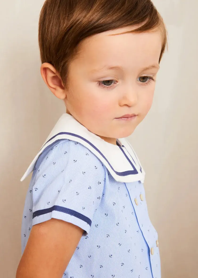 Tops & Shirts | Shirts | Pepa London Lyall Stripe Anchor Motif Mariner Collar Short Sleeve Shirt in Blue (12mths-6yrs)