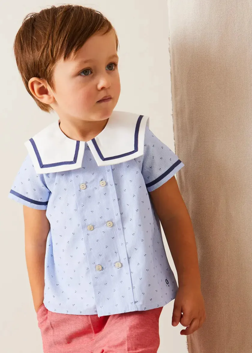 Tops & Shirts | Shirts | Pepa London Lyall Stripe Anchor Motif Mariner Collar Short Sleeve Shirt in Blue (12mths-6yrs)