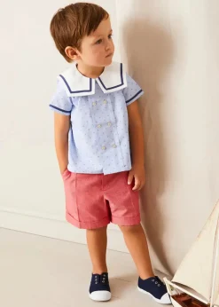 Tops & Shirts | Shirts | Pepa London Lyall Stripe Anchor Motif Mariner Collar Short Sleeve Shirt in Blue (12mths-6yrs)